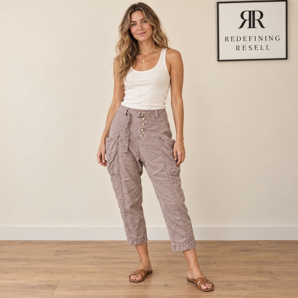 Free People High Rise Cargo Utility Pants Mauve Brown Lyocell Linen Size 2